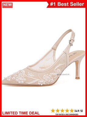 Lace Mesh Pearl Kitten Heel Slingback Wedding Pumps Pointed Toe Bridal Heels